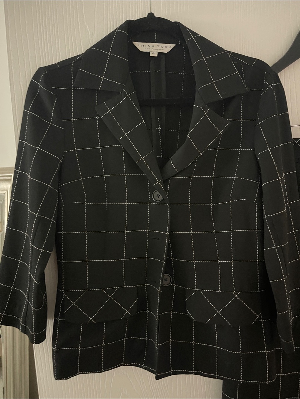 Trina Turk Black Windowpane Notch Lapel Blazer
